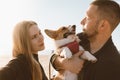 Young happy family with dog shooting on beach. Beautiful girl and guy and Corgi Royalty Free Stock Photo