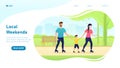 Young happy family walks in the park with their son Attractive characters spend active time together in nature. Active Royalty Free Stock Photo