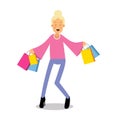 Young happy fashionable blond girl standing with purchases cartoon character vector Illustration