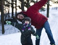 Young happy father with his son little cute boy outside in winter park, lifestyle people concept Royalty Free Stock Photo