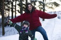 Young happy father with his son little cute boy outside in winter park, lifestyle people concept Royalty Free Stock Photo