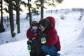 Young happy father with his son little cute boy outside in winter park, lifestyle people concept Royalty Free Stock Photo