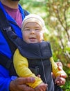 Young happy father hold baby boy 7 months on back in baby carrier walking Royalty Free Stock Photo