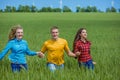 Young happy Friends running on green wheat field Royalty Free Stock Photo