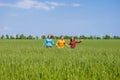 Young happy Friends running on green wheat field Royalty Free Stock Photo