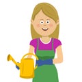 Young happy gardening woman stands with a watering can