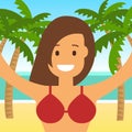 Young happy girl on the beach and sea. Selfie. Vector illustration in flat stile.