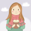 Young happy girl in a knitted scarf with cup of hot coffee or tea. Character. Hand draw card. Vector