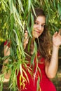 Young happy girl in the leaves of the willow Royalty Free Stock Photo
