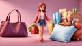 Young happy girl made a lot of purchases, girl surrounded by big bags and purchased goods, illustration, 3d, cartoon, AI