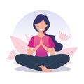 A young and happy girl practices yoga and meditates. Physical and spiritual practice. Lotus position, padmasana. Vector