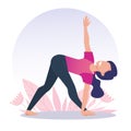 A young and happy girl practices yoga and meditates. Trikonasana, triangle pose. Physical and spiritual practice. Vector illustrat