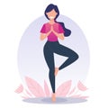 A young and happy girl practices yoga and meditates. Vrikshasana, tree pose. Physical and spiritual practice. Vector illustration