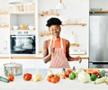 girl kitchen singing woman female happy beautiful fun young home cheerful lifestyle music Royalty Free Stock Photo