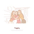 Young happy girlfriends hugging together, feminine friendship, girls party, sister love, family relationship banner