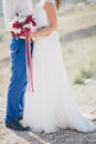 Young happy just married couple posing on the top of the mountain Royalty Free Stock Photo