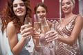 Young happy ladies clanging of champagne glasses Royalty Free Stock Photo