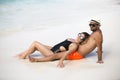 Young happy lovers on romantic travel honeymoon having fun on vacation summer holidays romance. Royalty Free Stock Photo