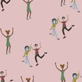 Young happy male and female dancing. Seamless pattern. Smiling dancers people isolated on white background.