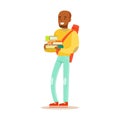 Young happy man in casual clothes with backpack standing and holding books in his hands. Student lifestyle colorful