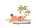Young happy man character sunbathing at tropical sea beach resort with palm and deckchair