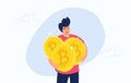 Young happy man hugging heavy three golden symbols of bitcoin