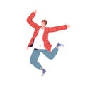 Young happy man in a red shirt and tucked up jeans jumping fun and laughs Royalty Free Stock Photo