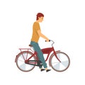 Young Happy Man Riding Bike, Male Cyclist Character on Bicycle Vector Illustration Royalty Free Stock Photo