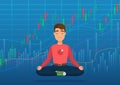 Young happy man trader meditating under crypto or stock market exchange chart concept. Business trader, finance stock