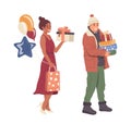 Man and woman cartoon people characters holding wrapped gift boxes for birthday and Christmas Royalty Free Stock Photo