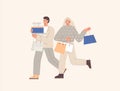Young happy man and woman, married couple go with packages and boxes after shopping. Flat vector cartoon illustration.