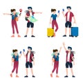 Young happy man and woman tourists flat cartoon character. Around the world traveling male and female people on a summer vacation