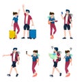 Young happy man and woman tourists flat cartoon character. Around the world traveling male and female people on a summer vacation