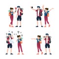 Young happy man and woman tourists flat cartoon character. Around the world traveling male and female people on a summer vacation