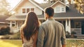 Young happy married couple man and woman standing in front of their newly purchased house. Affordable housing mortgage concept