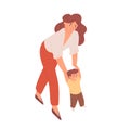 Young happy mother helping her baby, learning to walk. Mom holding toddler, making first steps. Colored flat vector