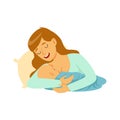 Young happy mother lying in the bed and breastfeeding her baby with breast milk, colorful vector Illustration Royalty Free Stock Photo