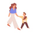 Young happy mother walking with son. Mom holding hand of her kid. Colored flat vector illustration of adult and child Royalty Free Stock Photo
