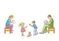 Young happy parents with their little children sitting on the stools and painting coloring pages at home. Family vacation concept