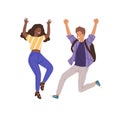 Young happy people jumping flat vector illustration. Man and woman raising hands characters. Successful collaboration Royalty Free Stock Photo