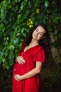 A young happy pregnant woman in a red dress with flowers in her hands is resting and enjoying life in nature Royalty Free Stock Photo