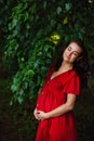 A young happy pregnant woman in a red dress with flowers in her hands is resting and enjoying life in nature Royalty Free Stock Photo