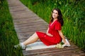 A young happy pregnant woman in a red dress with flowers in her hands is resting and enjoying life in nature Royalty Free Stock Photo