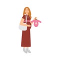 Young happy pregnant woman shopping with shopper bag vector illustration