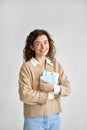 Young happy pretty cute girl student holding digital tablet. Royalty Free Stock Photo