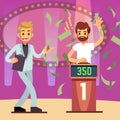 Young happy quiz game winner in the money rain vector illustration Royalty Free Stock Photo