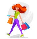 Young happy red hair girl walking with bags after shopping vector illustration, funny cartoon young woman discount sale customer,