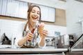 Woman selling ice cream in the shop