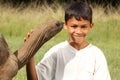 Young happy school boy visits a giant tortoise Royalty Free Stock Photo