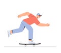 Young happy smiling boy skateboarder is riding on a skateboard. Vector illustration in flat style on white background. Royalty Free Stock Photo